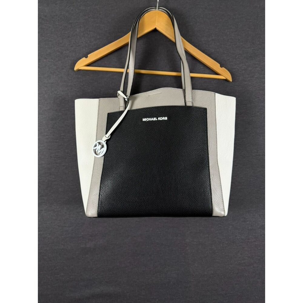 Michael Kors Colorblock Large Tote Black Gray Ivory MK Charm Shoulder Bag
